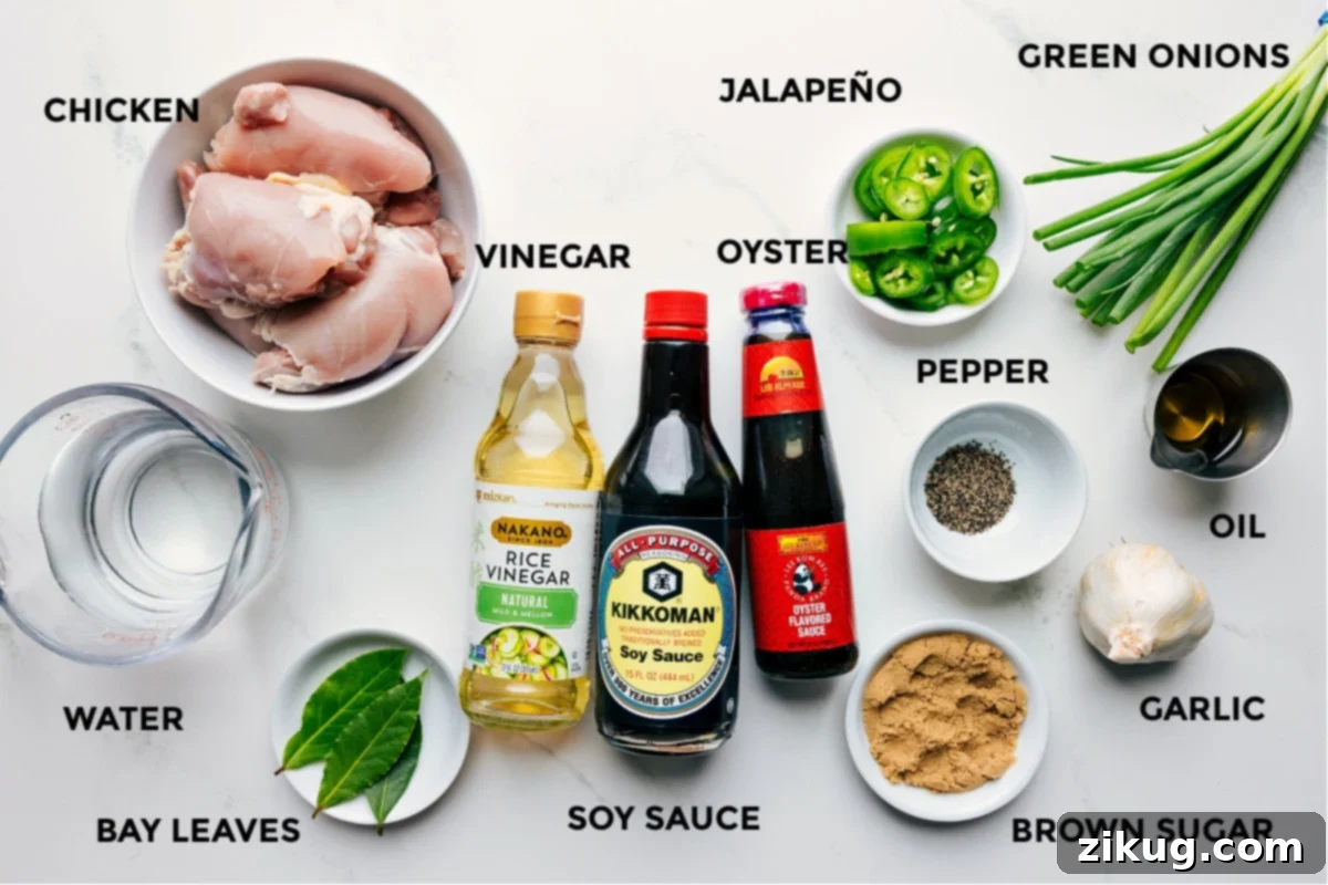 Chicken Adobo Ingredients Ingredients for Chicken Adobo recipe including chicken, water, bay leaves, vinegar, soy sauce, and more