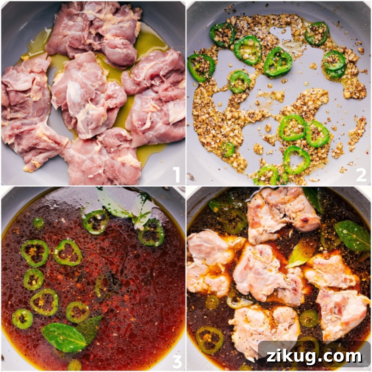 Making Chicken Adobo Chicken thighs being seared and simmered in the adobo sauce