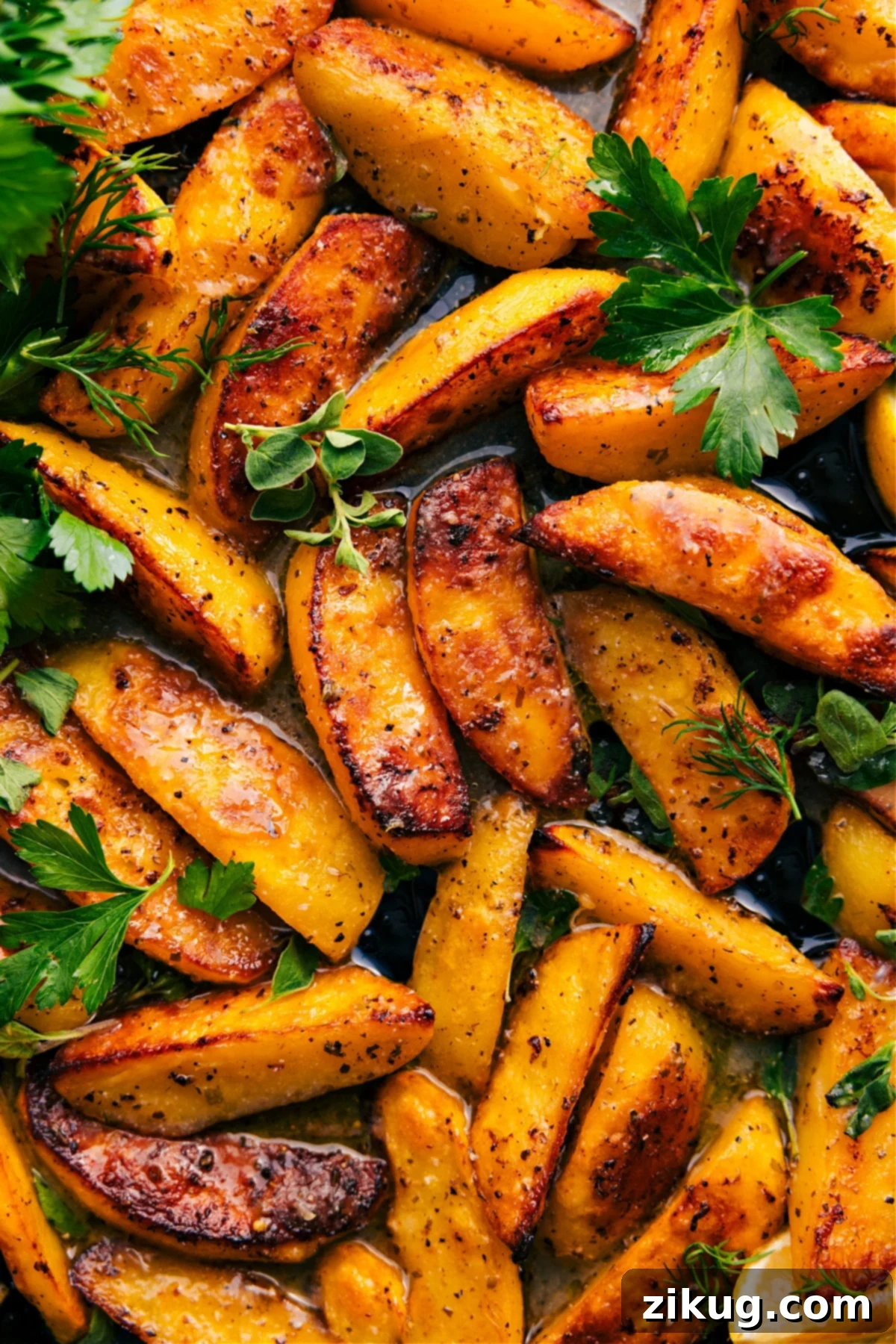 Lemon And Garlic Greek Potatoes Recipe A tray of perfectly roasted Greek Potatoes, garnished with fresh parsley and ready to be served as a delicious side dish.