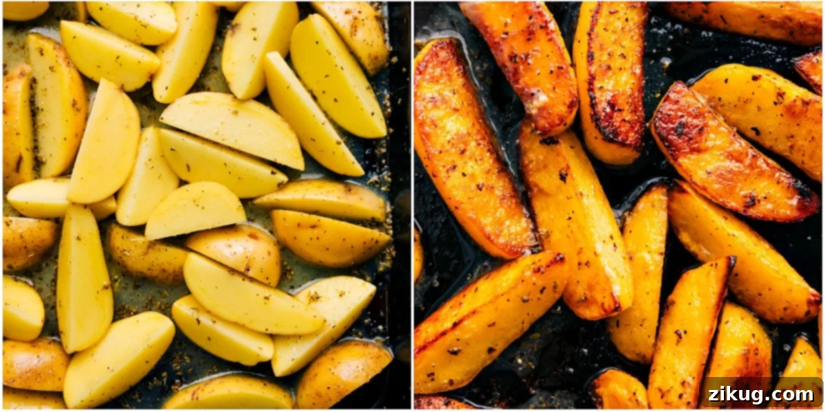 How To Make Greek Potatoes Recipe Crispy, golden-brown Greek potato wedges roasted to perfection on a sheet pan, showcasing the delicious outcome of the recipe.