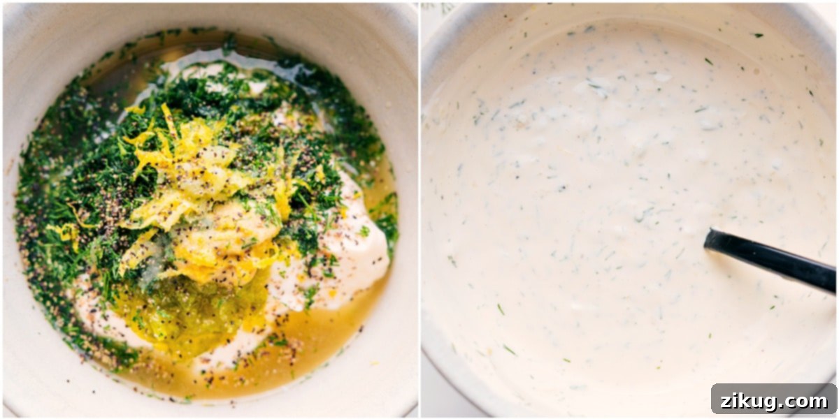 Mixing the perfect homemade tartar sauce for ultimate flavor and creaminess. A person's hand stirring a freshly made batch of creamy tartar sauce in a white ceramic bowl with a metal spoon, showcasing the smooth texture and flecks of green dill.