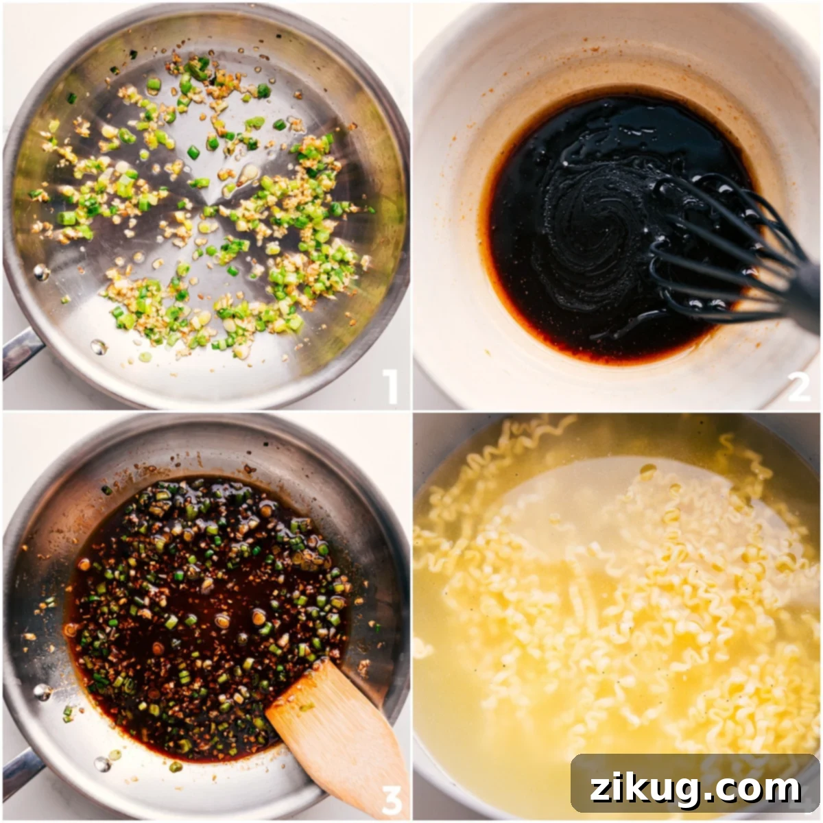 How To Make This Asian Hoisin Garlic Noodle Recipe Close-up of fresh green onions and minced garlic sautéing in a hot pan, filling the kitchen with fragrant aromas before the sauce is added for the Asian Noodle Recipe.