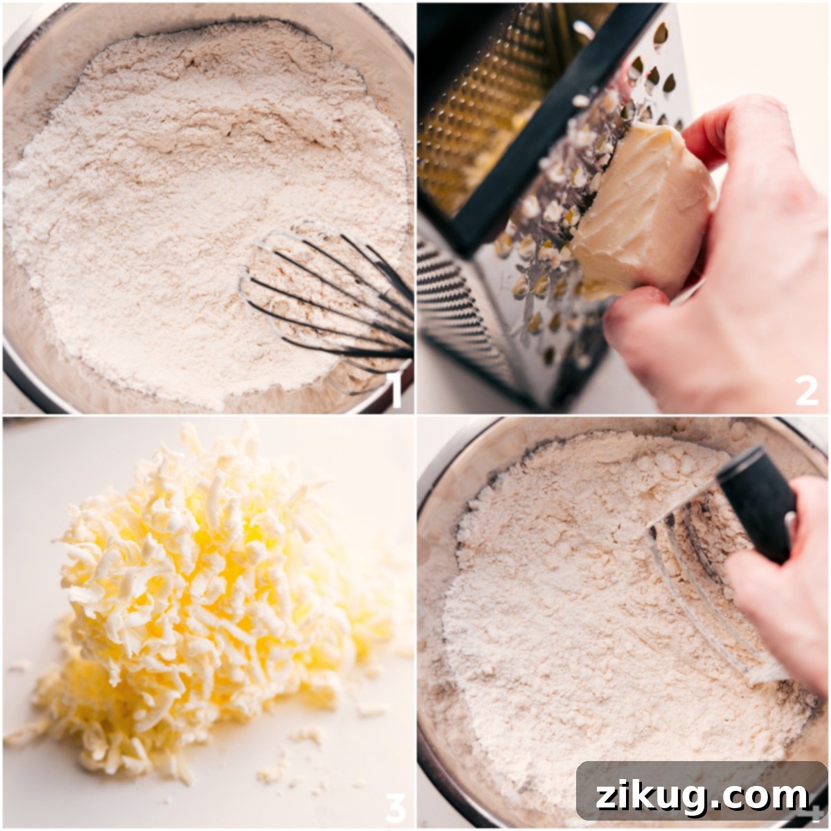 How To Make Chocolate Chip Scones The dry ingredients are expertly whisked together, followed by the frozen butter, freshly shredded and gently kneaded into the mixture, showcasing the initial stages of preparing these delicious chocolate chip scones.