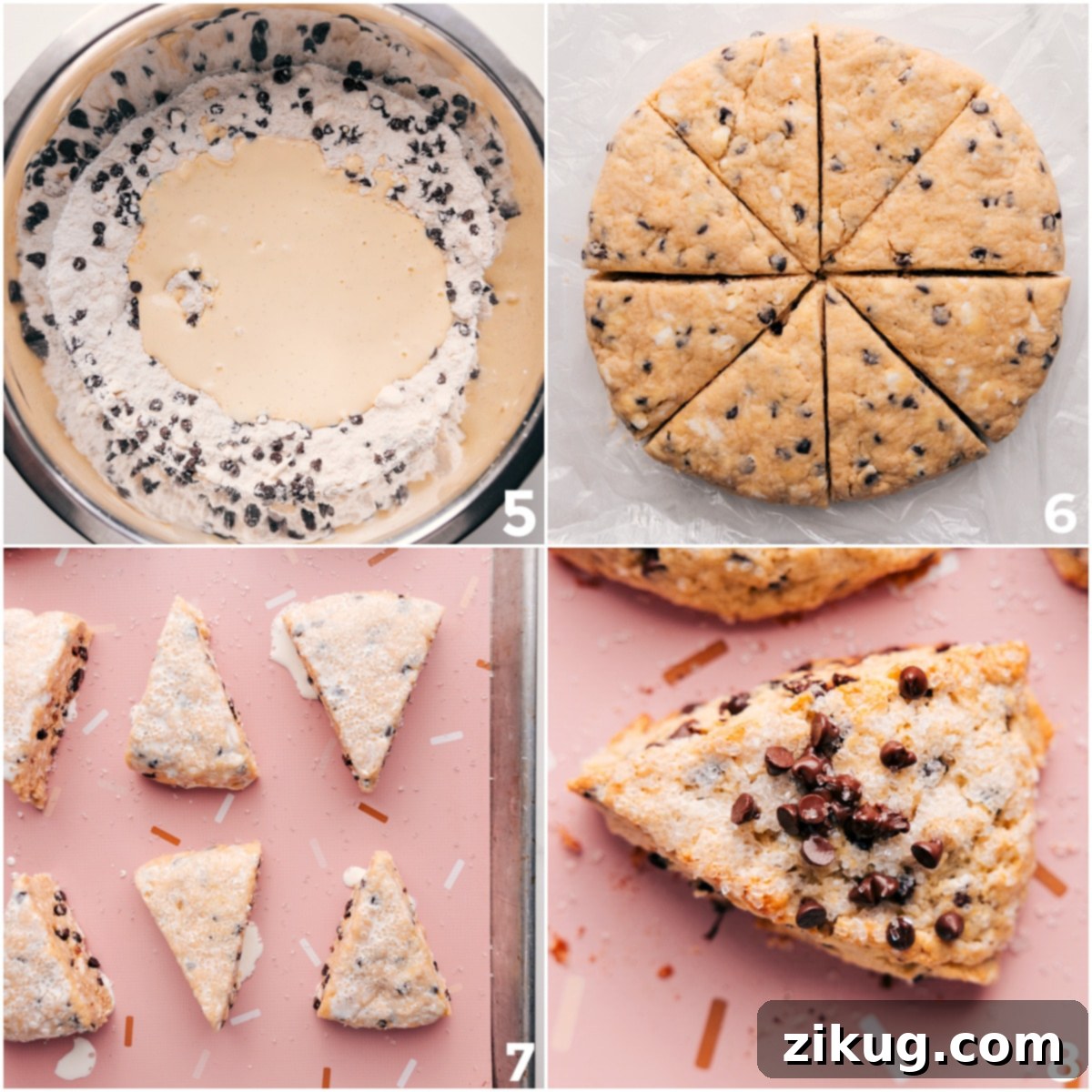 Baking Up Chocolate Chip Scones The scone dough expertly kneaded into a perfect disc, then precisely cut into eight triangles, brushed with rich heavy cream, and topped with sparkling sugar, all prepped for baking to golden perfection.
