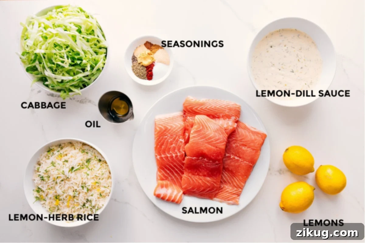 Key Ingredients for The Ultimate Blackened Salmon Recipe: Fresh and Flavorful All the vibrant, fresh ingredients laid out for preparation in this Blackened Salmon Recipe, including thinly shredded cabbage, lemon-herb rice, olive oil, a selection of aromatic seasonings, pristine salmon fillets, the zesty lemon-dill sauce, and fresh lemon wedges, ready for assembly.
