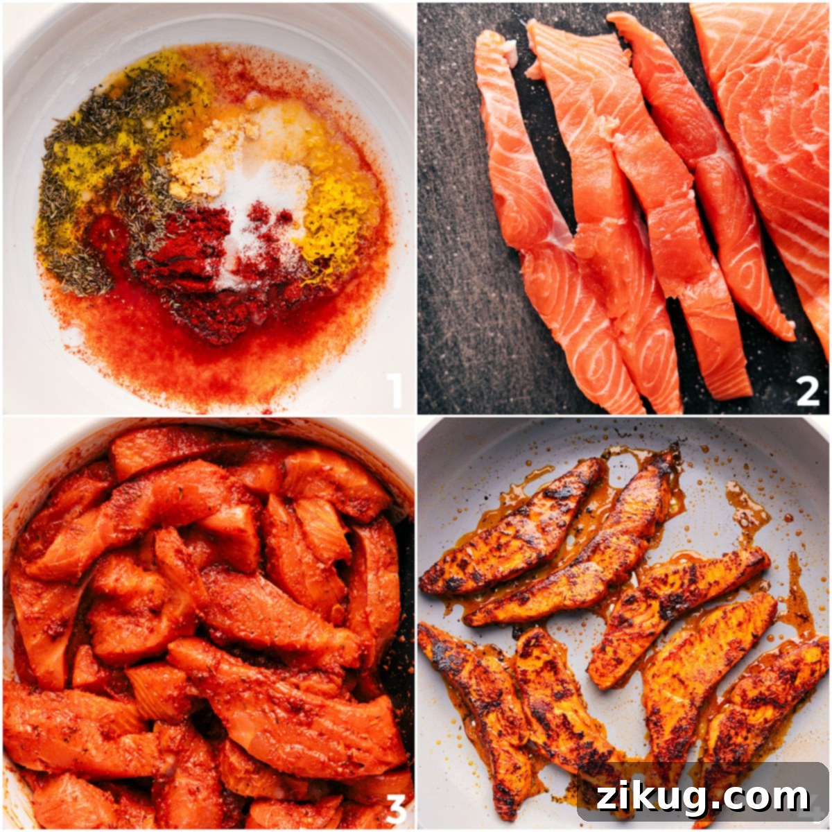 Step-by-Step Guide: Crafting Your Blackened Salmon Recipe to Perfection A visual guide showing the process of making this Blackened Salmon Recipe, from whisking marinade ingredients in a bowl to adding salmon and cooking it to perfection in a hot pan, demonstrating each key step.
