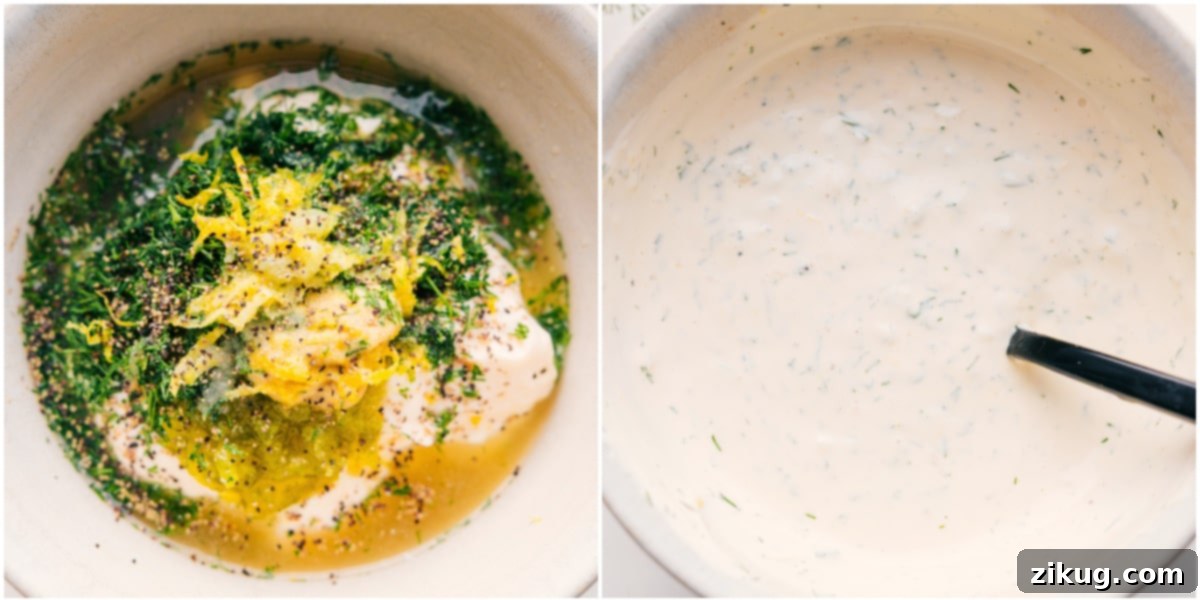 Homemade Lemon Dill Sauce: The Perfect Blackened Salmon Topping A creamy, zesty lemon dill sauce, freshly whisked together in a bowl, showcasing its smooth texture and vibrant green dill flecks, perfect for topping the Blackened Salmon Recipe or pairing with the accompanying slaw.