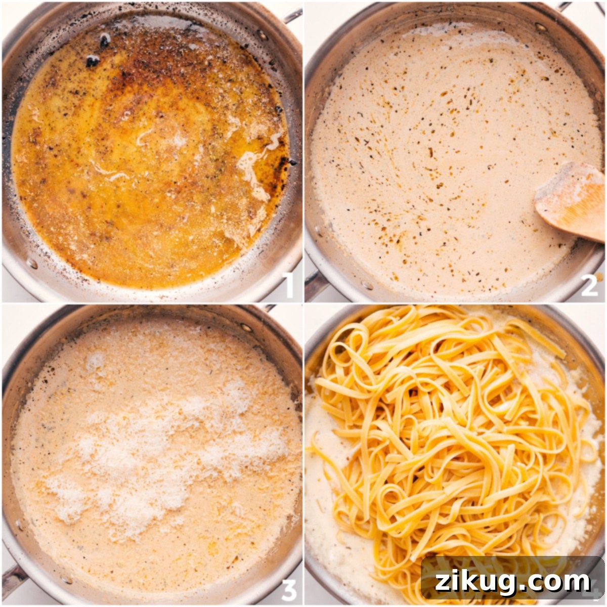 How To Make Steak Alfredo Recipe Cream sauce being whisked in a pot, then fettuccine added for this steak Alfredo recipe.