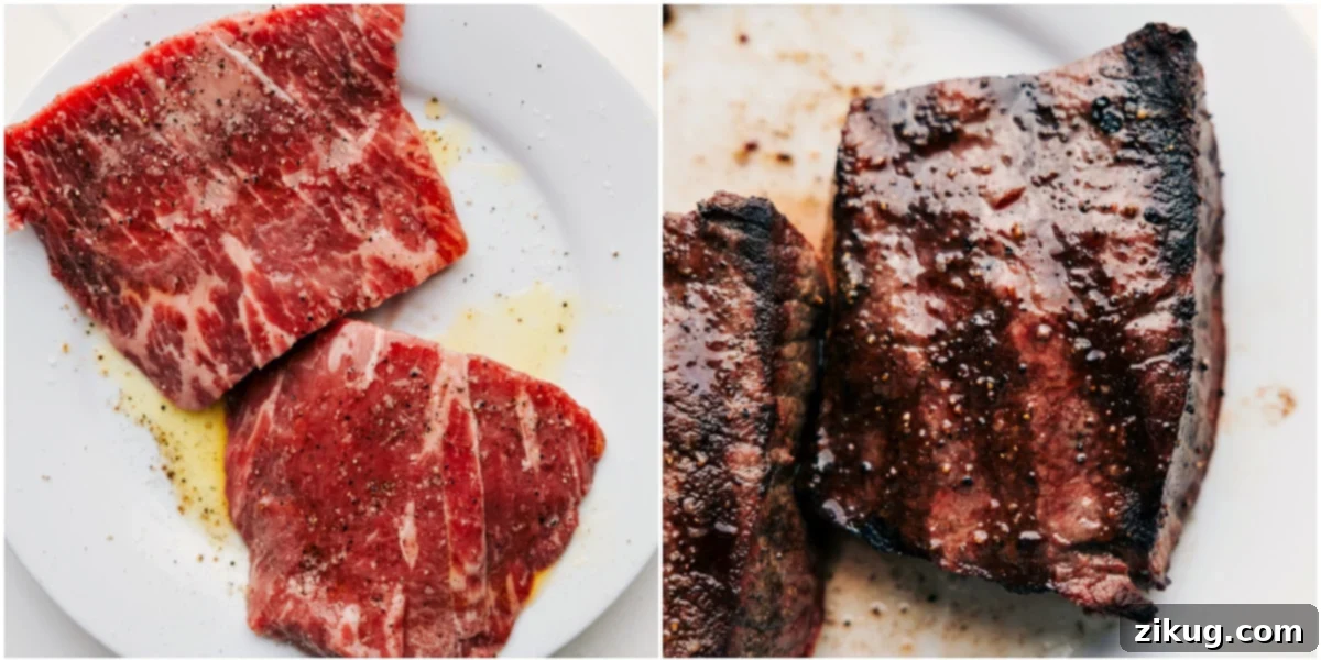 How To Make The Best Steak For This Alfredo Recipe The steak being prepped and grilled to perfection.