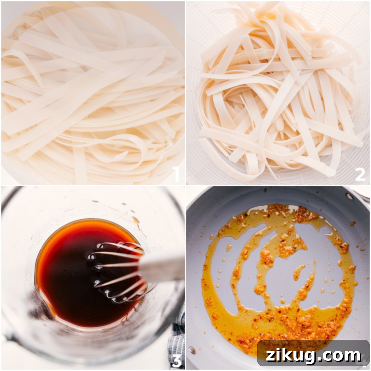How To Make Thai Drunken Noodles (Pad Kee Mao) Recipe The process of preparing Thai Drunken Noodles, showing wide rice noodles being cooked and the rich, flavorful sauce being whisked together in a bowl.