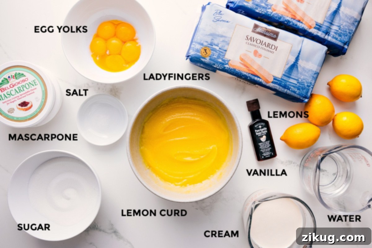 Lemon Tiramisu Ingredients All the essential ingredients for Lemon Tiramisu, meticulously prepped and laid out for effortless assembly, including egg yolks, salt, mascarpone, sugar, lemon curd, heavy cream, water, fresh lemons, vanilla extract, and delicate ladyfingers.