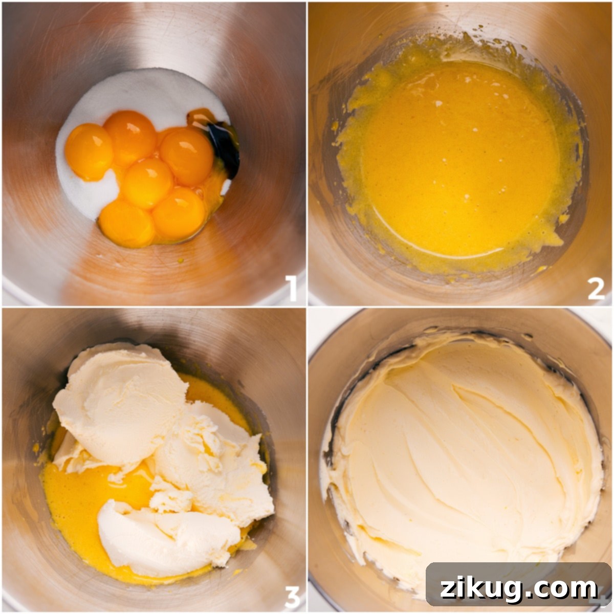 How To Make Lemon Tiramisu The initial steps of preparing Lemon Tiramisu, showing egg yolks, sugar, and vanilla being mixed together, followed by the addition of mascarpone to create a smooth, creamy base.