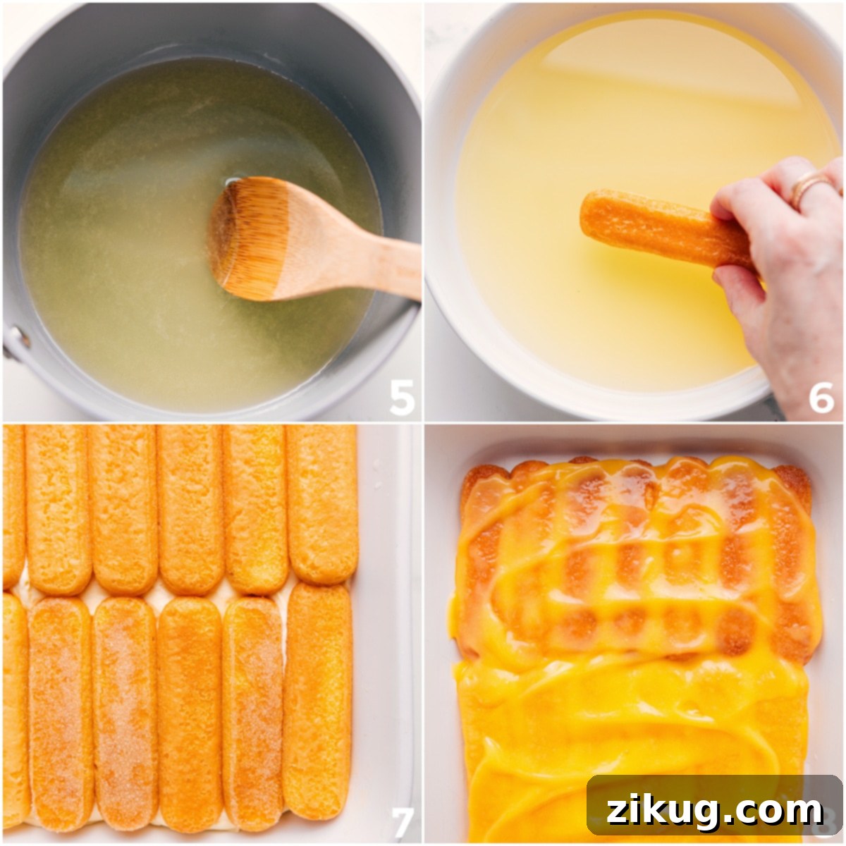 Assembling Lemon Tiramisu Bars The process of assembling Lemon Tiramisu: ladyfingers are dipped, layered into a pan, and then covered with a smooth layer of lemon curd.
