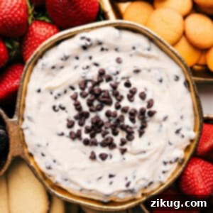 A vibrant close-up of the finished chocolate chip dip, showcasing its creamy texture and abundant mini chocolate chips, ready for serving.