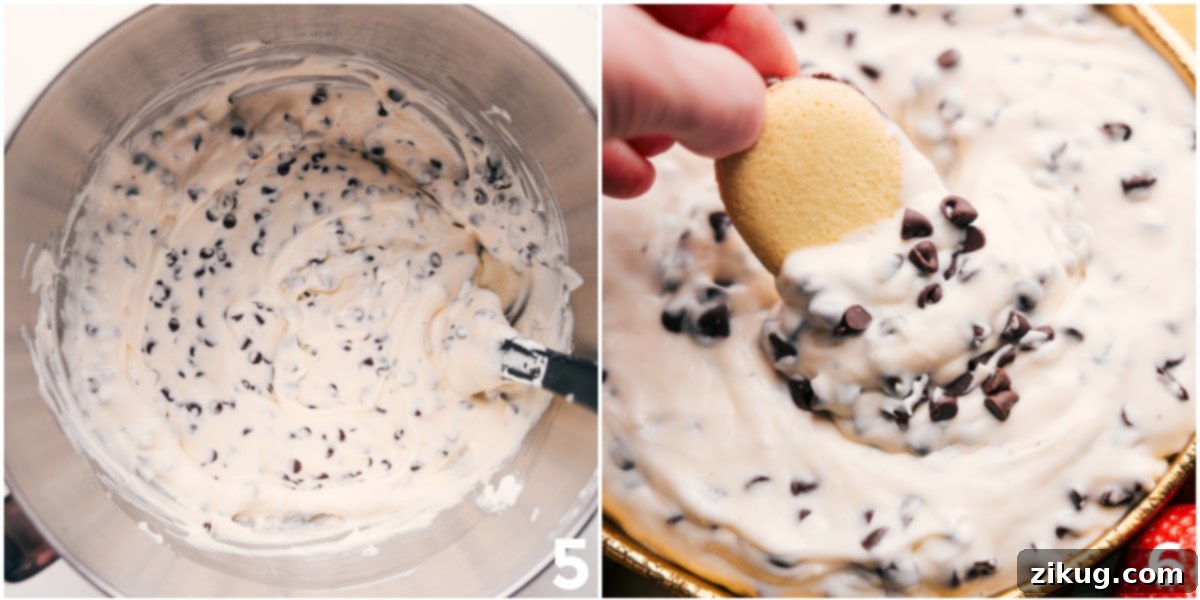 The Perfect No Bake Treat! A delicious chocolate chip dessert dip with chocolate chips gently folded in, and a vanilla wafer cookie being dipped into its creamy texture.