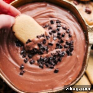 Close-up of creamy chocolate fruit dip ready to serve.