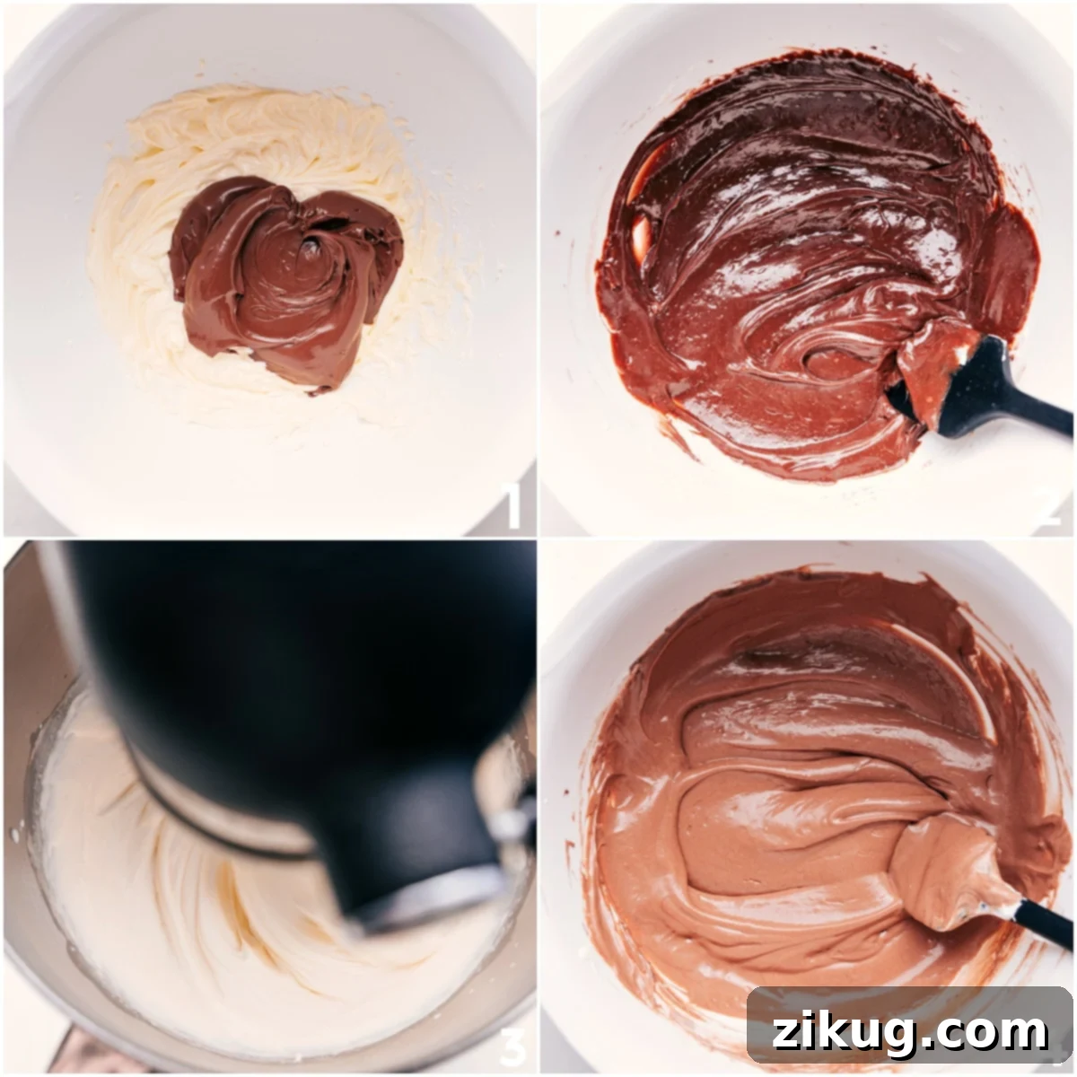 How To Make Chocolate Fruit Dip All the ingredients for this chocolate fruit dip added into a bowl and mixed together, showcasing the creamy texture.