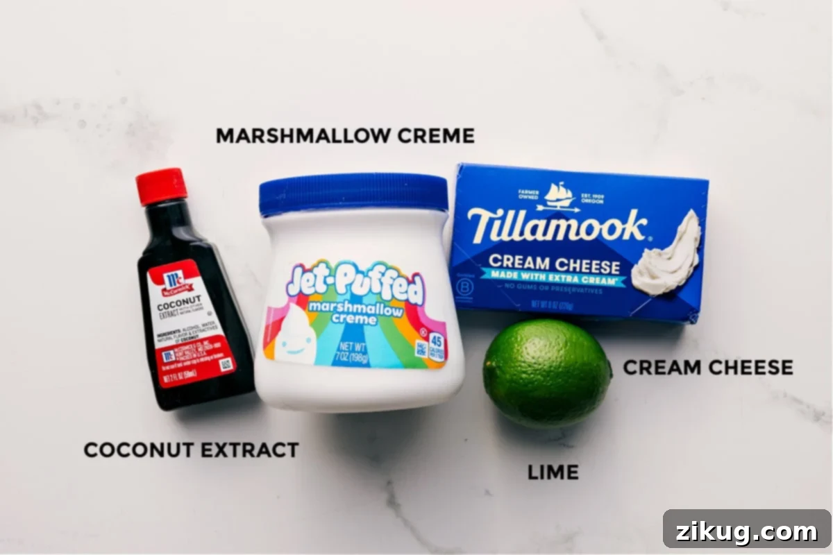 Only Four Ingredients To The Best Cream Cheese Fruit Dip Recipe All four essential ingredients for this creamy fruit dip laid out: cream cheese, marshmallow creme, fresh lime, and coconut extract.