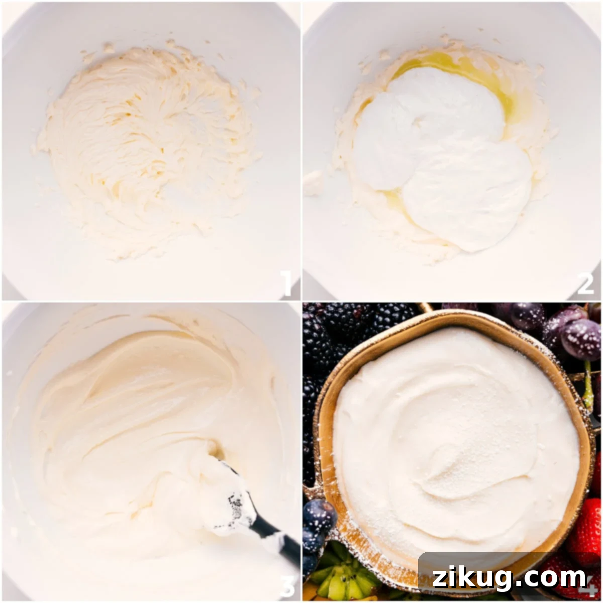 How To Make This Cream Cheese Fruit Dip Recipe The four ingredients for cream cheese fruit dip being combined in a bowl with a hand mixer, illustrating the mixing process.