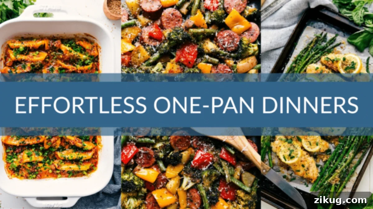 Effortless One Pan Dinner Recipes: Simplify Your Dinner Tonight One Pan Dinner Recipes collage with a variety of easy meals cooked in a single pan.