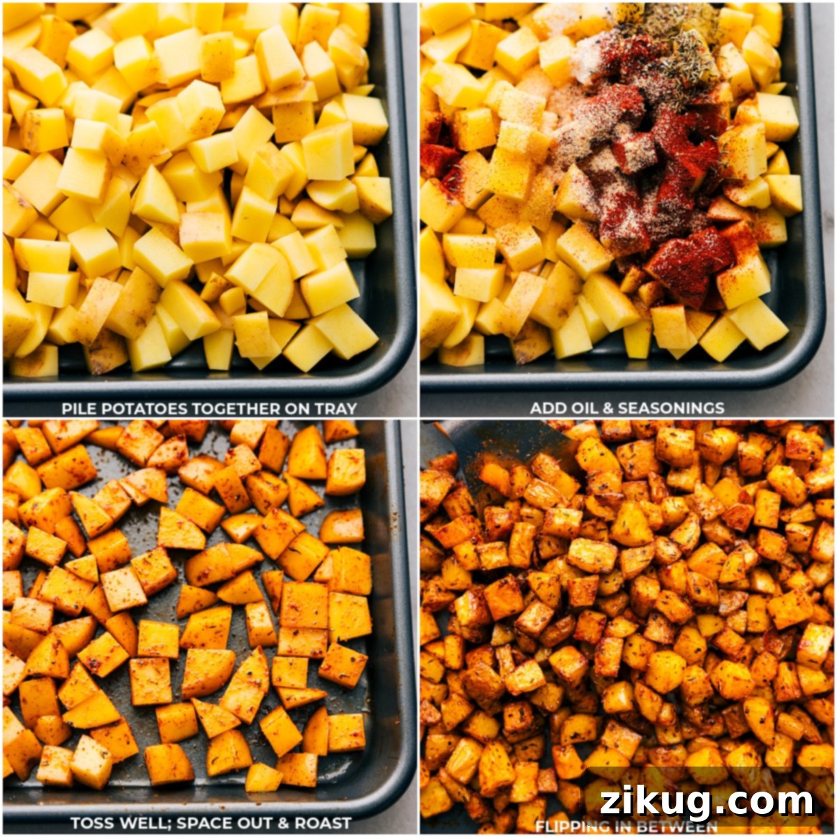 The All-Time Best Breakfast Potatoes Preparation Process shots showing the preparation of breakfast potatoes, from cutting to seasoning.