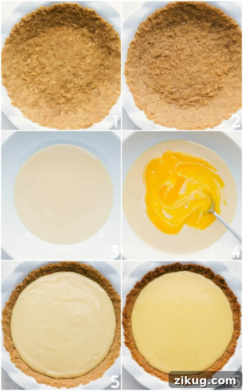 Preparing the Key Lime Pie: Crust and Filling Carefully placing the graham cracker crust into a pie dish and pouring the luscious Key lime filling onto the crust to complete the delicious recipe.