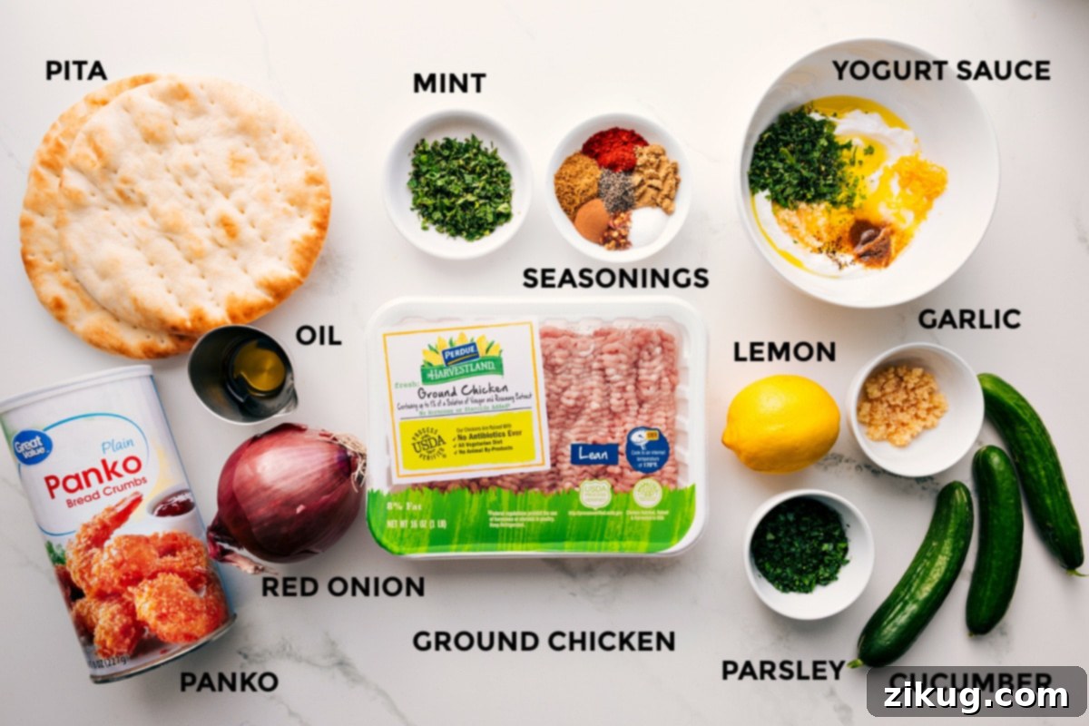 Ingredients In Chicken Kofta Recipe All the ingredients in this recipe prepped out for easy assembly including the pita, panko, oil, red onion, mint, seasonings, chicken, lemon, parsley, cucumber, and yogurt sauce.