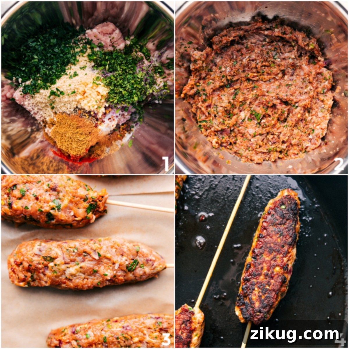 How To Make This Chicken Kofta Recipe The meat and remaining ingredients added into a bowl and mixed together than shaped onto a skewer and cooked.