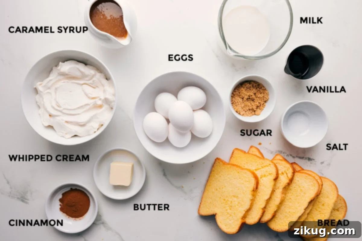 Key Ingredients for the Best French Toast Recipe A visual spread of all essential French Toast ingredients: fresh berries, rich caramel sauce, fluffy whipped cream, aromatic cinnamon, golden butter, wholesome bread, farm-fresh eggs, granulated sugar, fine salt, pure vanilla extract, and creamy milk.