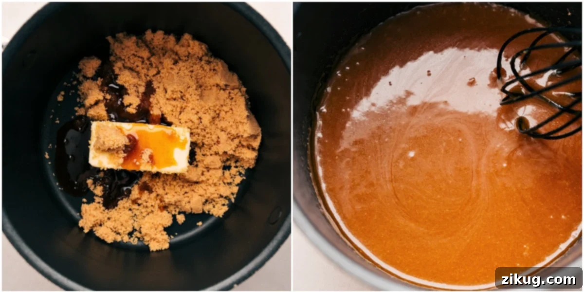 Homemade Caramel Syrup: The Perfect French Toast Topping Rich, golden caramel syrup simmering gently in a saucepan, ready to be drizzled over fresh French toast.