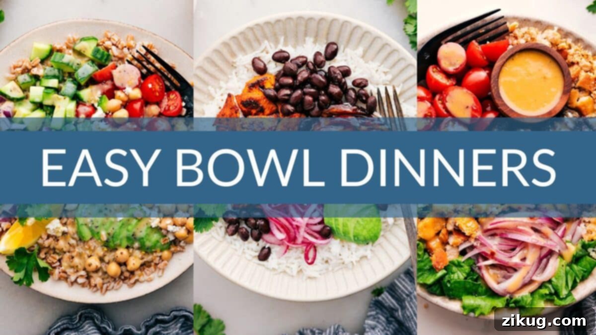 Easy & Healthy Dinner Bowl Recipes for Busy Weeknights A vibrant collection of eight diverse and delicious dinner bowl recipes, showcasing various proteins, grains, and fresh toppings.
