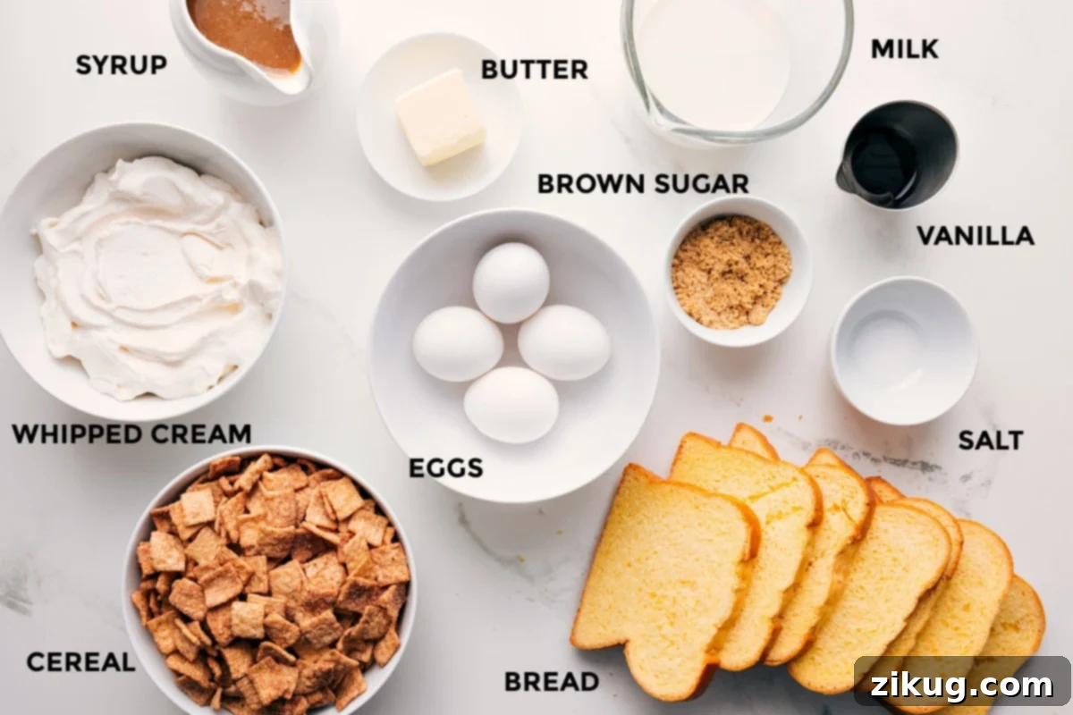 Ingredients In French Toast Sticks Recipe All the essential ingredients for making French Toast Sticks neatly prepped: brioche bread, eggs, whole milk, brown sugar, vanilla extract, salt, Cinnamon Toast Crunch cereal, and butter, alongside suggested toppings like whipped cream and maple syrup.
