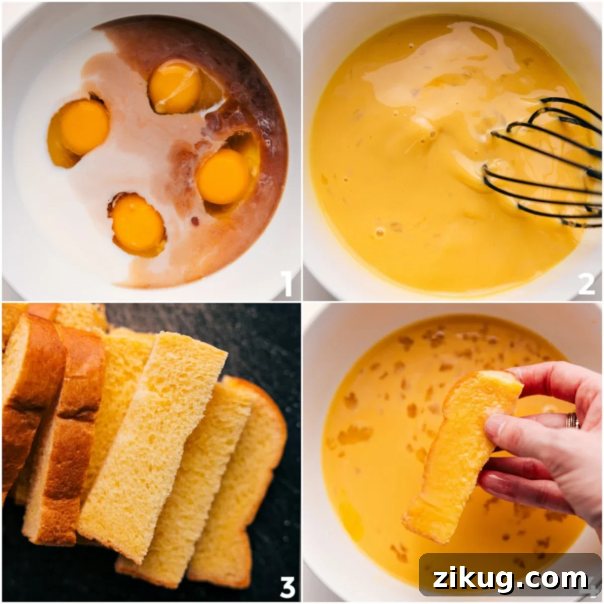 How To Make This French Toast Sticks Recipe A visual step demonstrating the battering process for French Toast Sticks, showing the whisked egg mixture and bread sticks being dipped, ensuring thorough coating.