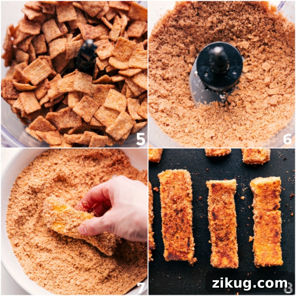 Cinnamon Toast Crunch Covered French Toast Sticks Close-up shot of Cinnamon Toast Crunch cereal finely blended into a crumb coating, generously applied to the batter-dipped toast sticks before being cooked to perfection.