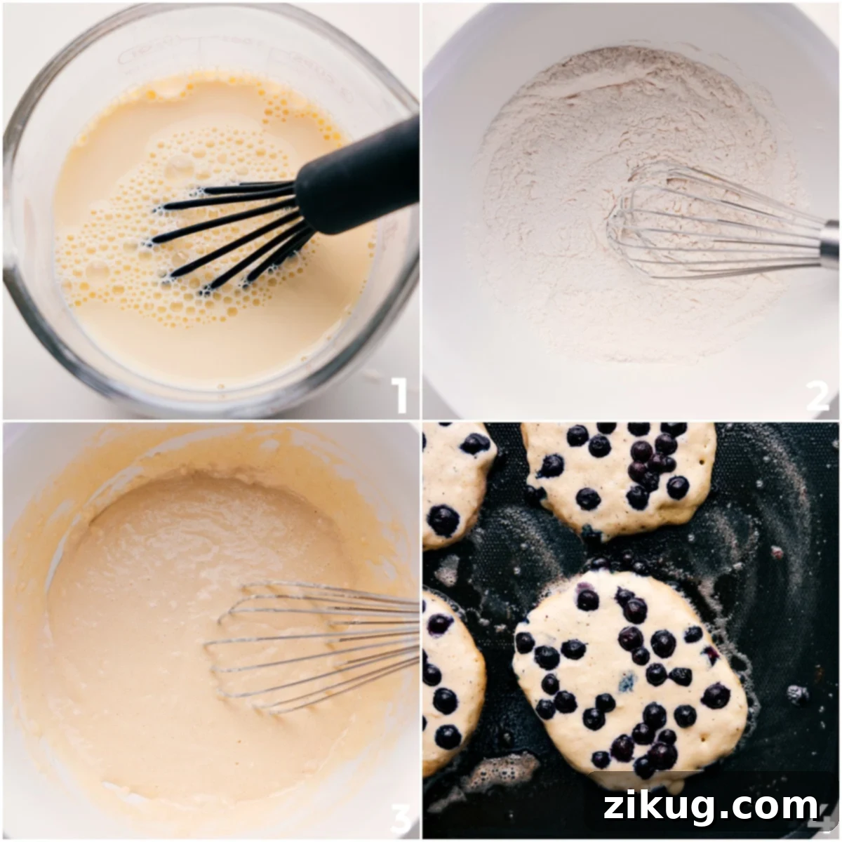 How To Make This Blueberry Pancake Recipe The cooking process for this blueberry pancake recipe, showing wet and dry ingredients mixed separately, then combined into a lumpy batter, and finally cooked on a griddle until golden-brown.