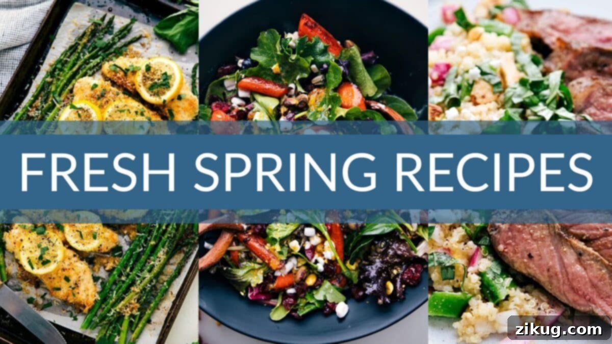 A vibrant collage of fresh spring recipes, including colorful salads, roasted vegetables, and main dishes, highlighting the bounty of the season.