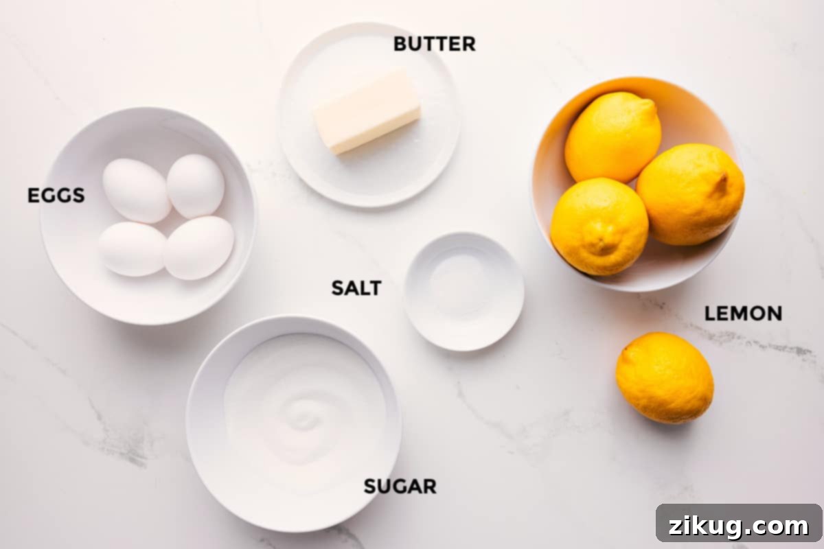 Ingredients In This Lemon Curd Recipe All the essential ingredients for making homemade lemon curd laid out: fresh lemons, eggs, butter, granulated sugar, and a pinch of salt.
