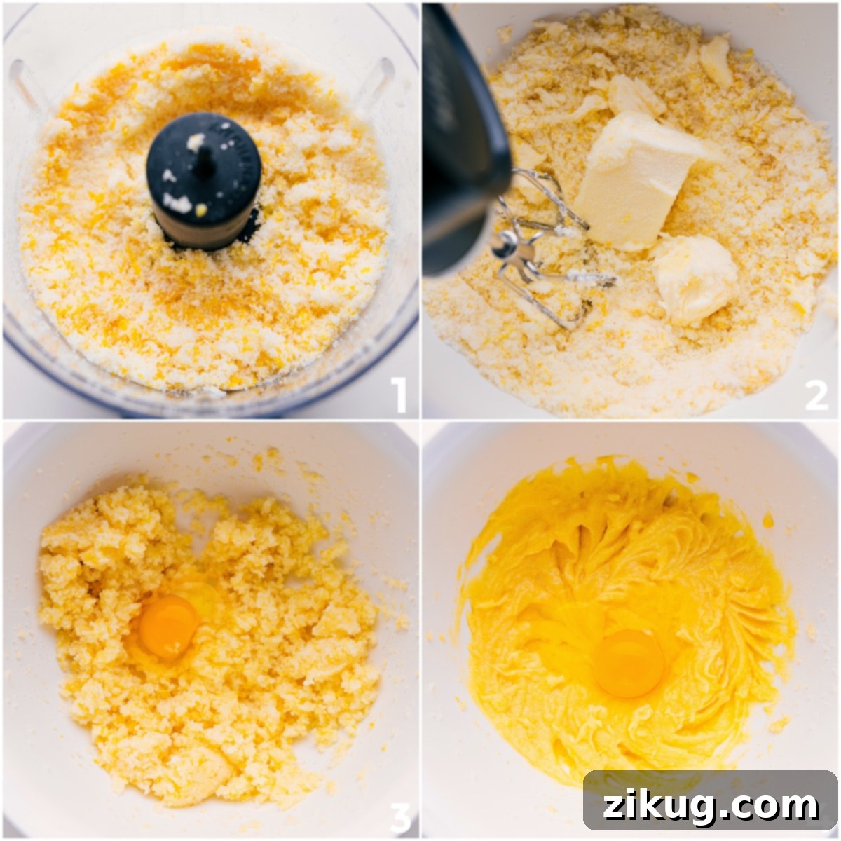 How To Make This Lemon Curd Recipe The initial steps of making lemon curd, showing a mixture of lemon zest, sugar, butter, and eggs being combined for a smooth batter.