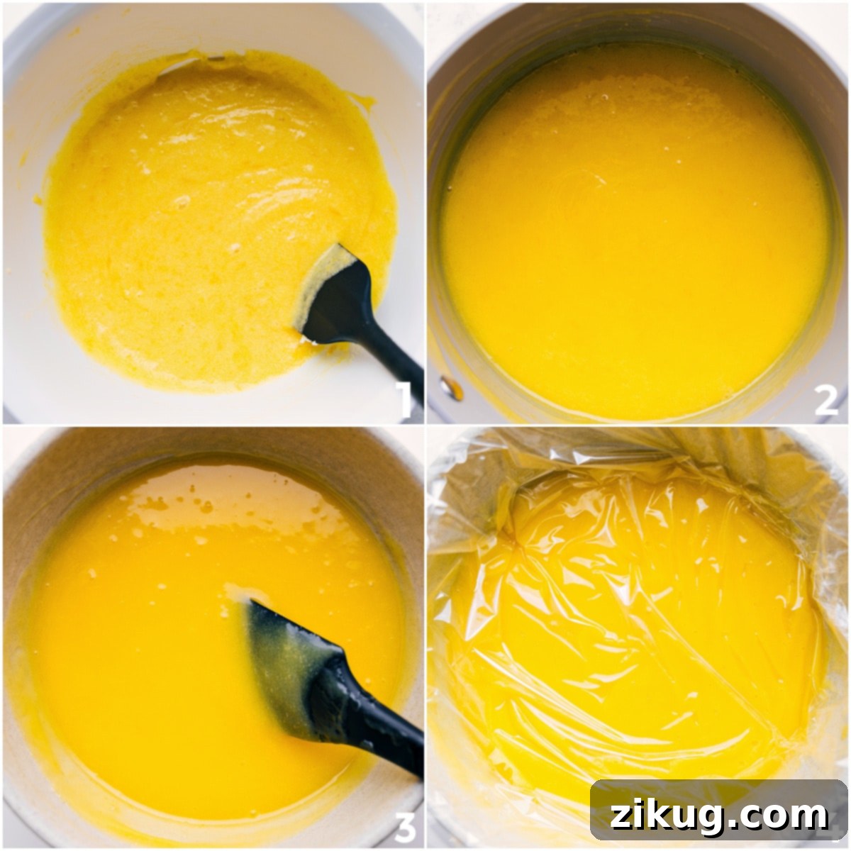 Thickening The Lemon Curd Over The Stove The lemon curd mixture cooking in a saucepan over low heat, being continuously stirred until it reaches the desired thick consistency.