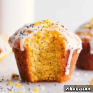 Lemon poppy seed muffin with a fresh bite mark, revealing its moist interior, and adorned with creamy frosting.