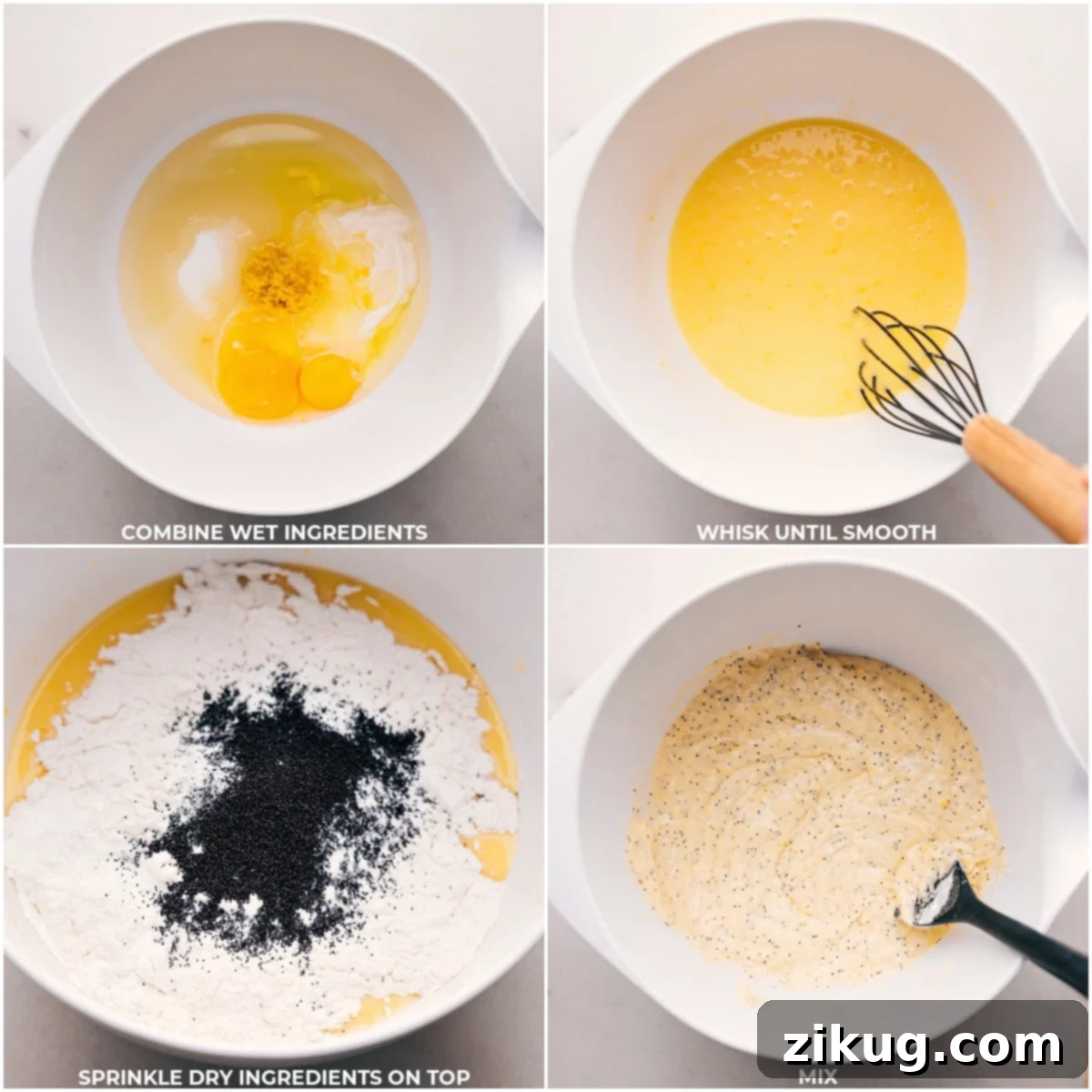 Combining wet ingredients with a whisk, while dry ingredients are slowly incorporated. A hand whisking wet ingredients in a bowl, with dry ingredients being carefully poured in from above.
