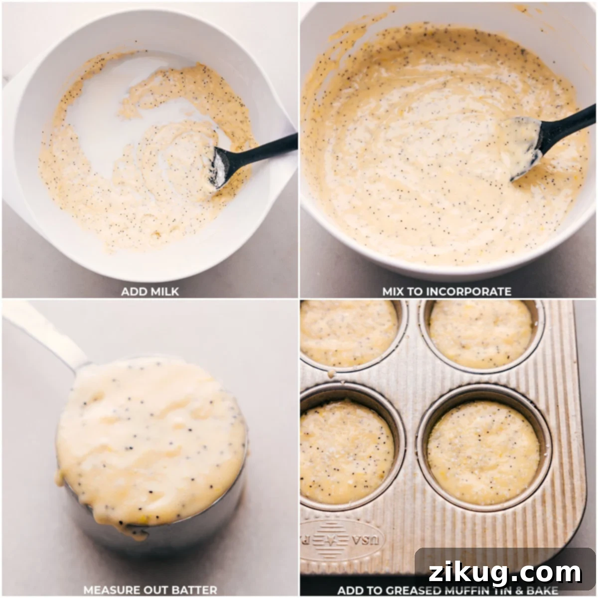 Measured batter for lemon poppy seed muffins placed into individual muffin cups, ready for baking. Lemon poppy seed muffin batter being carefully scooped into a muffin tin, ensuring even distribution.