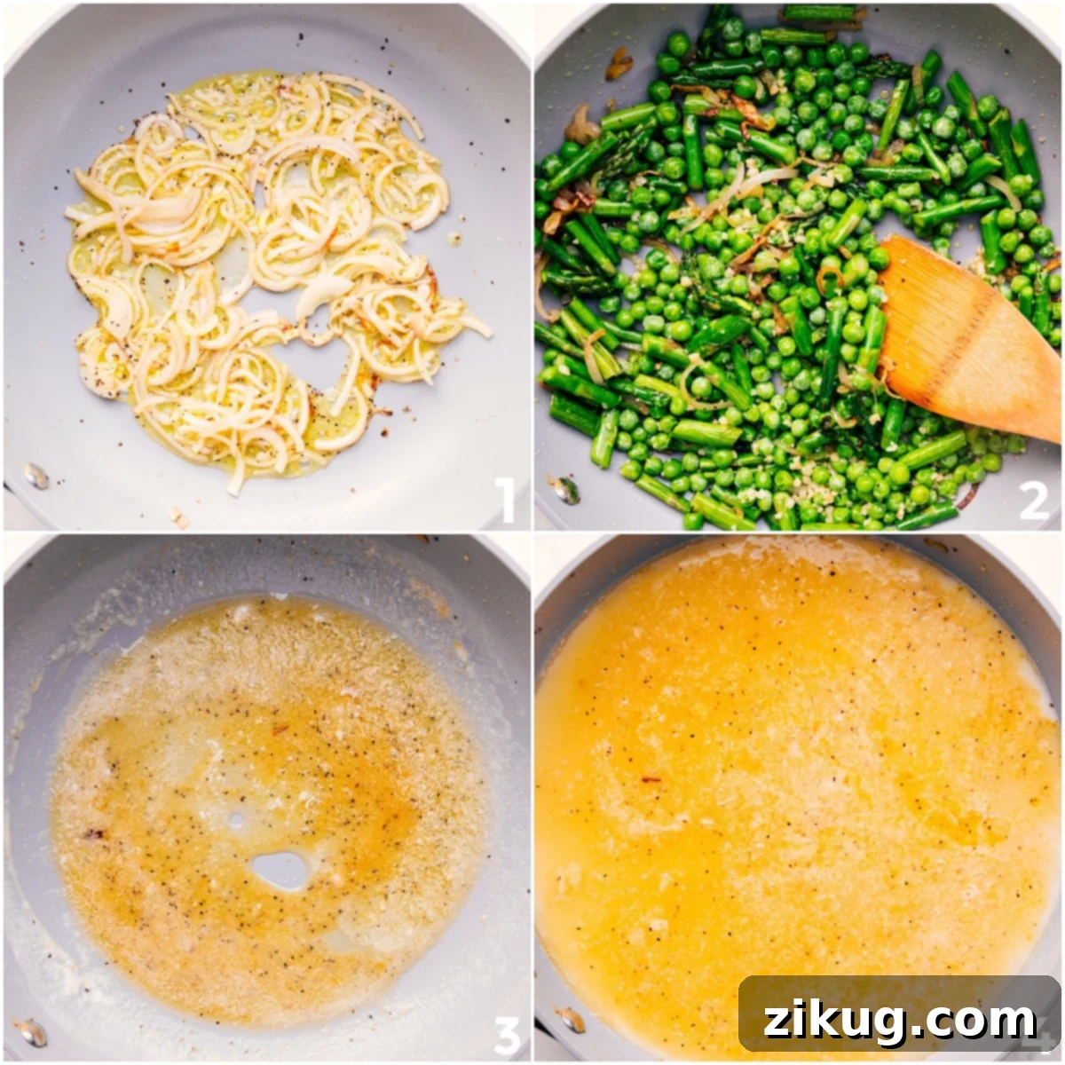 How To Make This Asparagus Pasta Recipe Shallots and garlic sautéing in oil, followed by peas and asparagus, then removed while liquids are added to the pot for this asparagus pasta recipe.