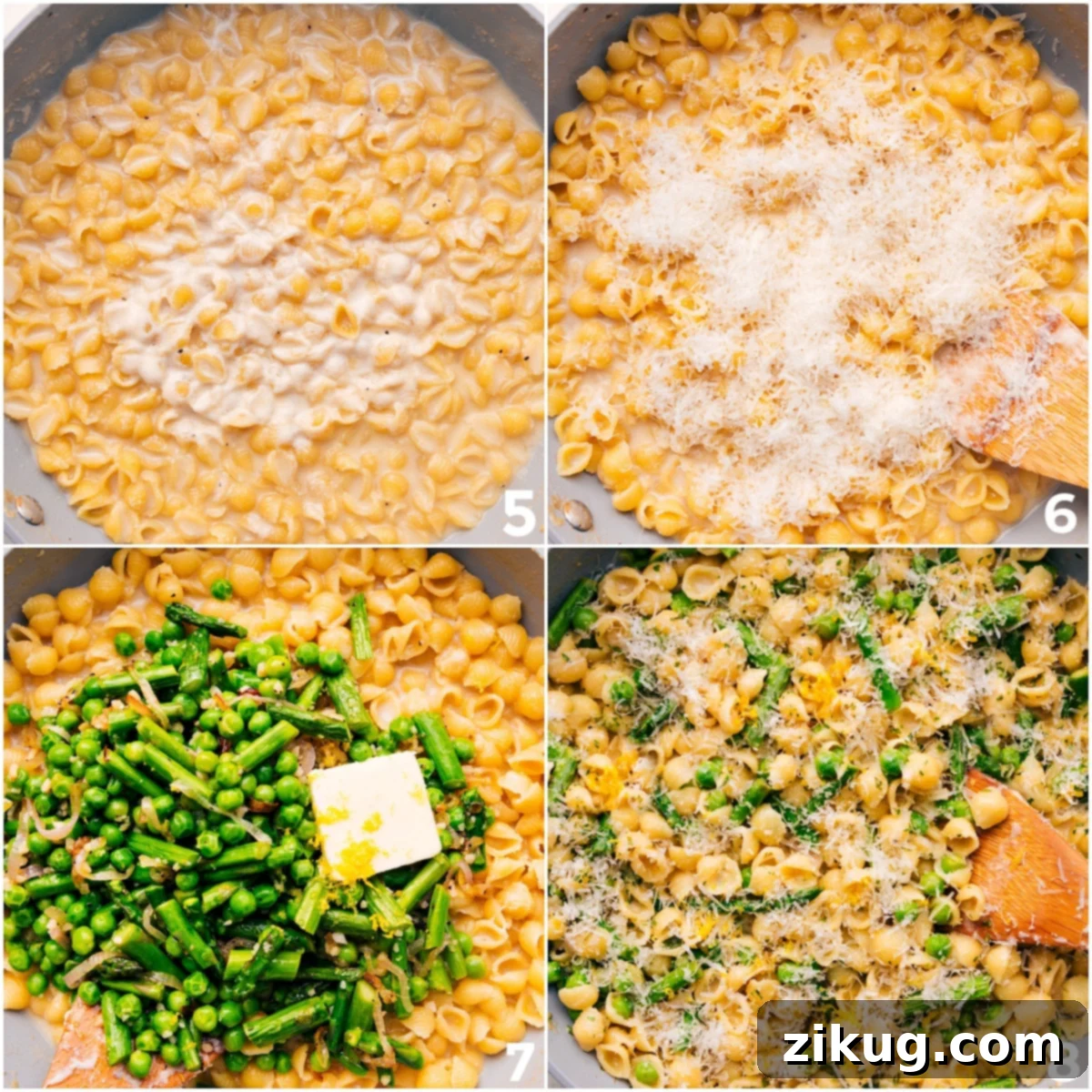 Creamy And Cheesy Asparagus Pasta Recipe Pasta added to the pot with milk, cheese, and sautéed vegetables, all stirred together into a creamy, cheesy dinner.