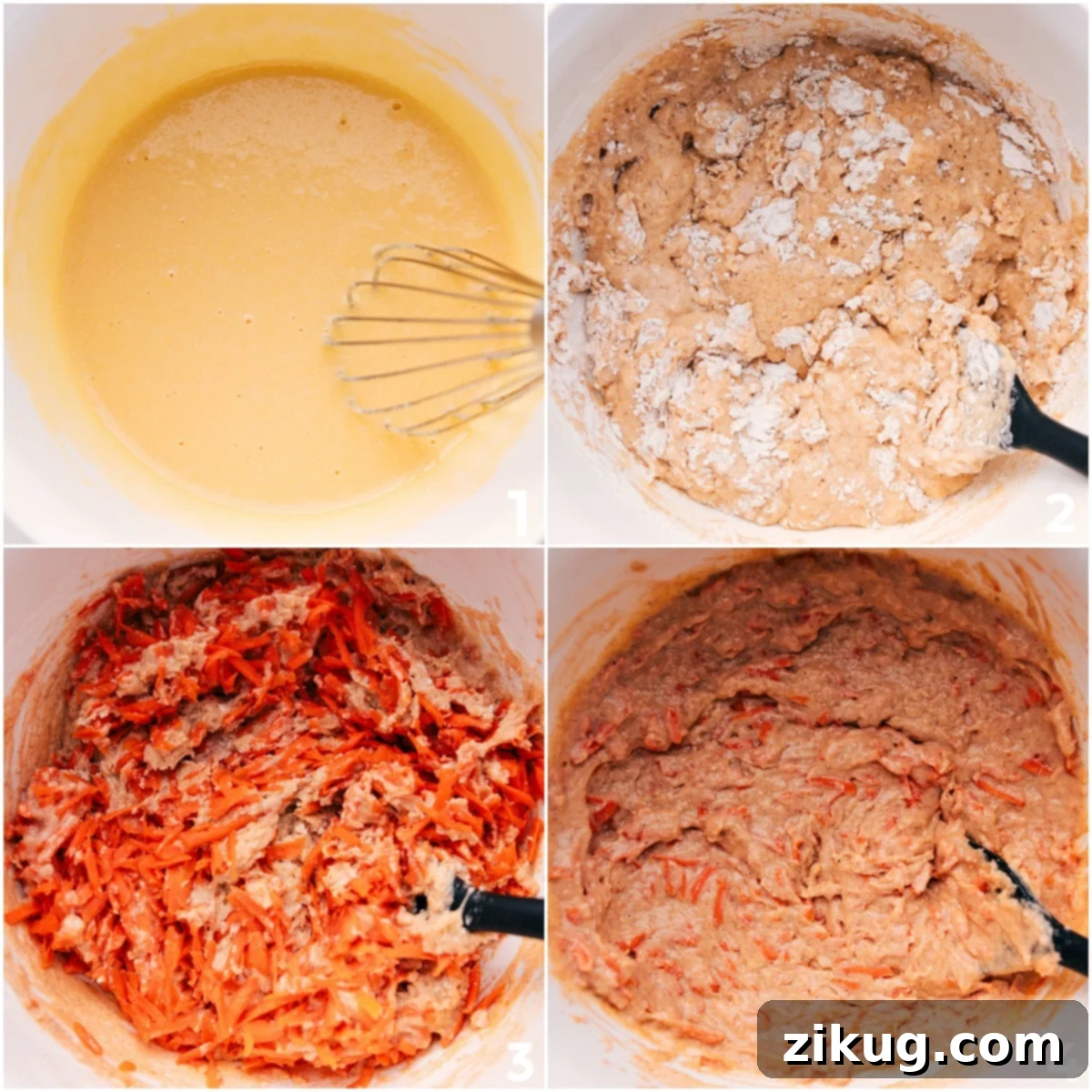 How To Make These Healthy Carrot Muffins Wet and dry ingredients being combined in a large bowl to form the batter for these simple, one-bowl Healthy Carrot Muffins.