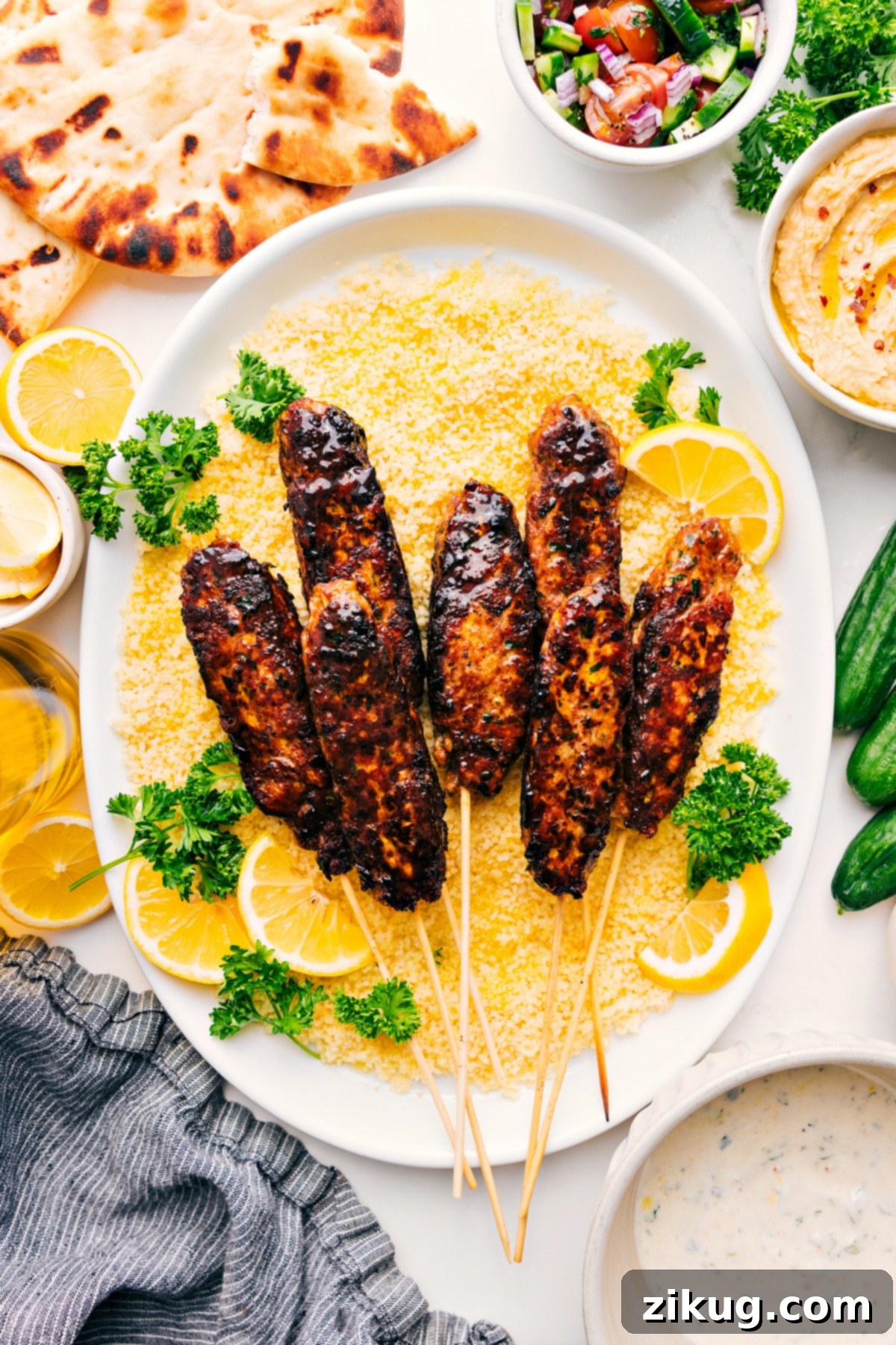 Easy & Flavorful Chicken Kofta Recipe Well-seasoned chicken kofta skewers served elegantly on a bed of fluffy couscous, accompanied by fresh vegetables and a cooling mint yogurt sauce.