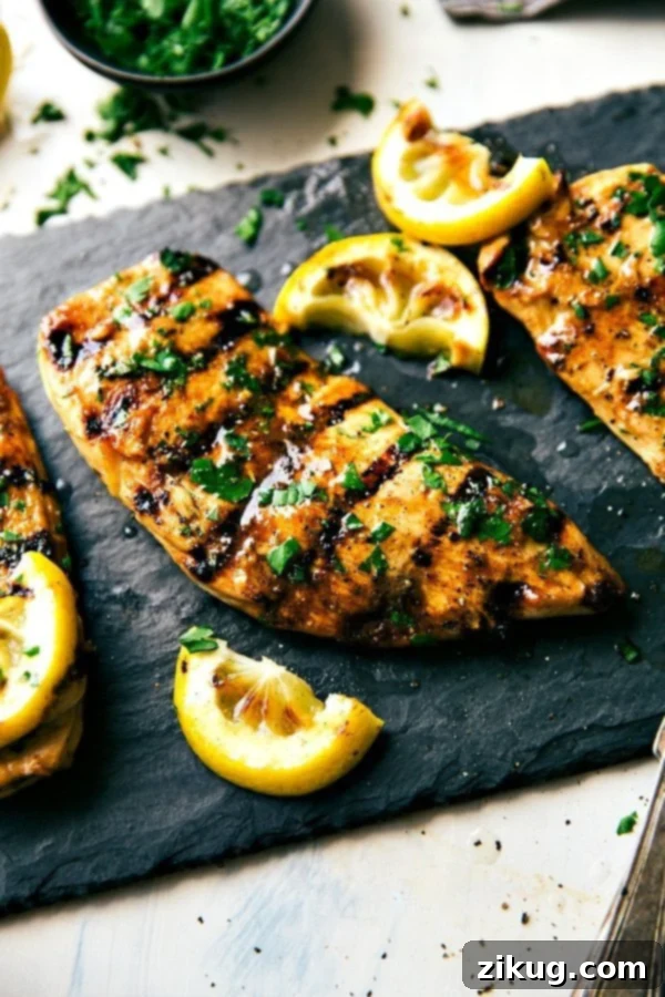 The Ultimate Grilled Chicken Marinade The best grilled chicken marinade, garnished with fresh herbs and a squeeze of lemon juice, ensuring juicy and flavorful chicken for any BBQ.