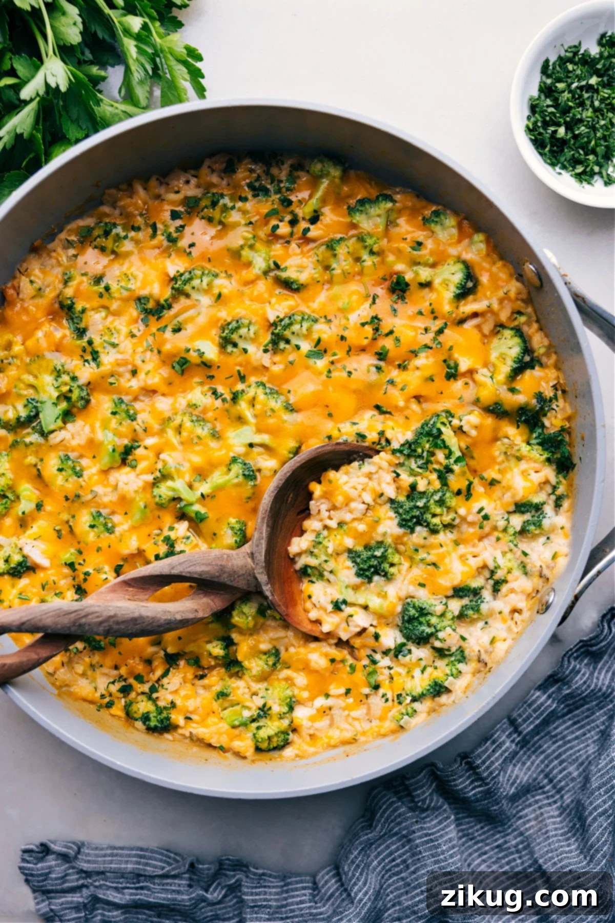 One-Pot Chicken Broccoli Rice Casserole A freshly made, creamy one-skillet Chicken Broccoli Rice Casserole, featuring real ingredients and no canned soups, ready for a comforting meal.