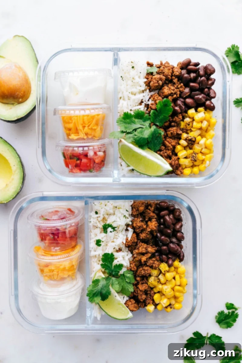 Meal Prep Taco Bowls Healthy ground beef recipes: Convenient and delicious meal prep taco bowls, perfectly portioned for the week.