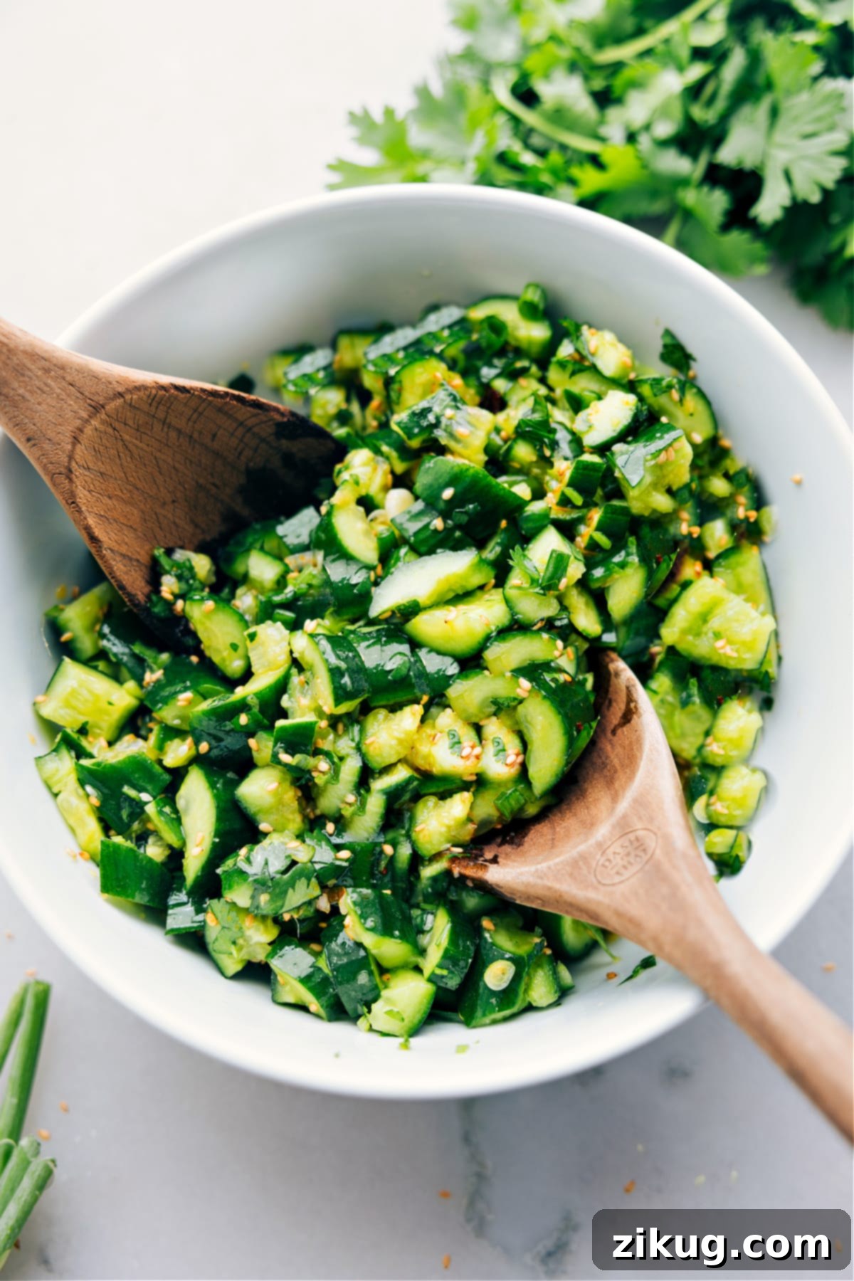 Best Smashed Cucumber Salad Recipe Smashed cucumber salad in a bowl dressed and ready to be enjoyed.